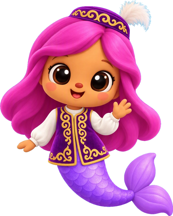 Mira the mermaid in a modest Kazakh outfit with golden ornament